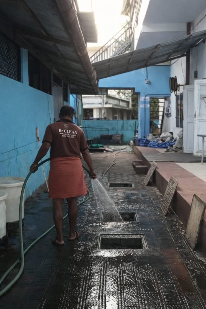 Worker performing septic tank cleaning using high pressure washing in Koyilandy