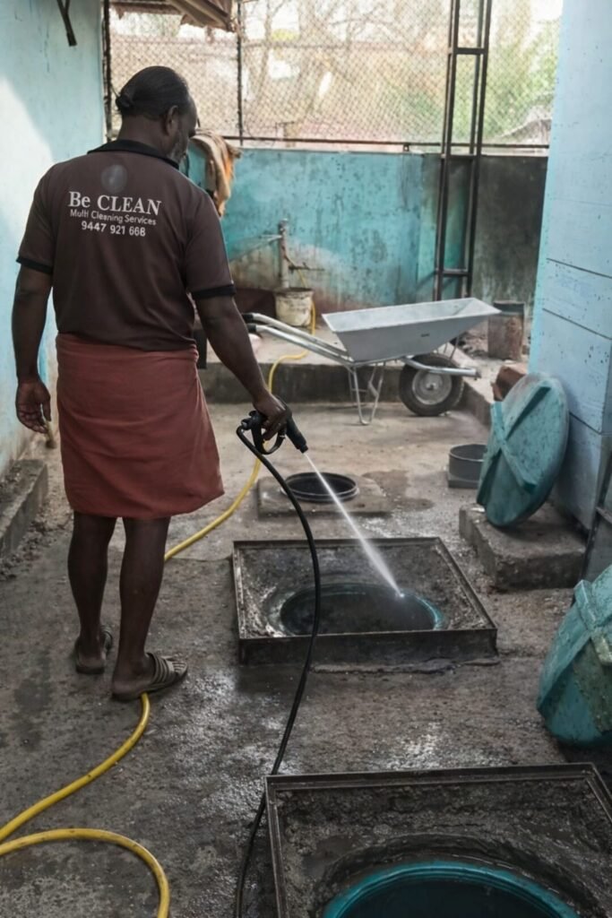 Worker performing septic tank cleaning using high pressure washing in Koyilandy