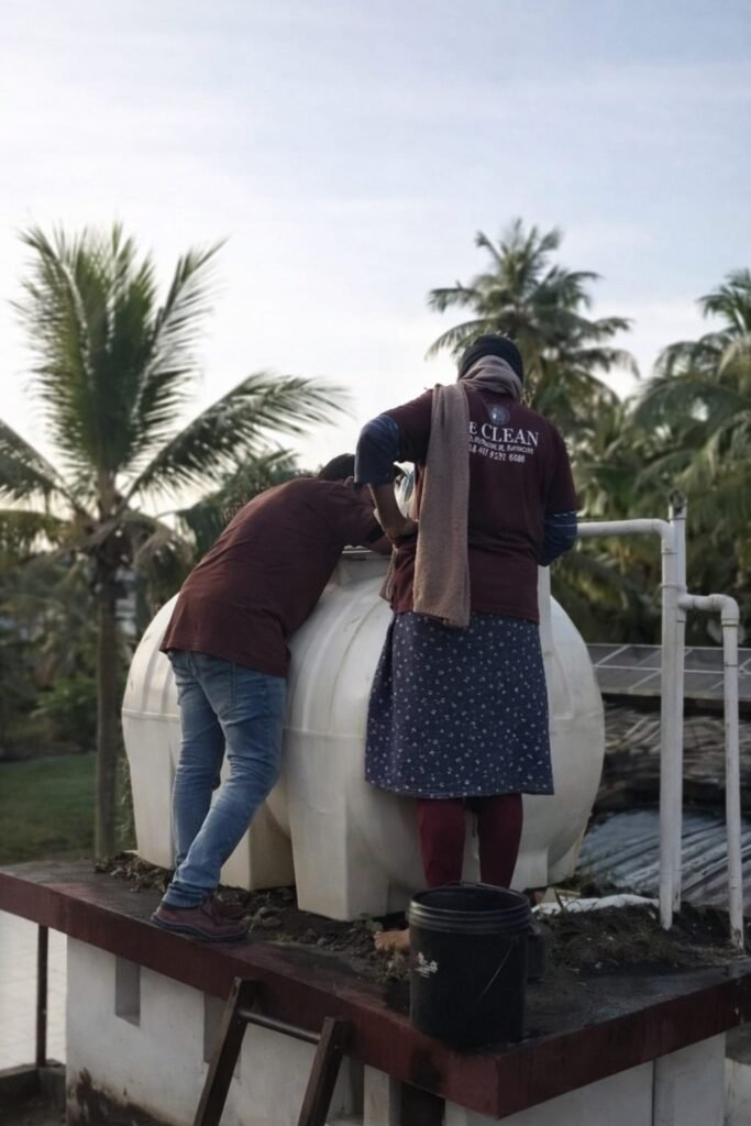 Worker performing water tank cleaning service in Koyilandy