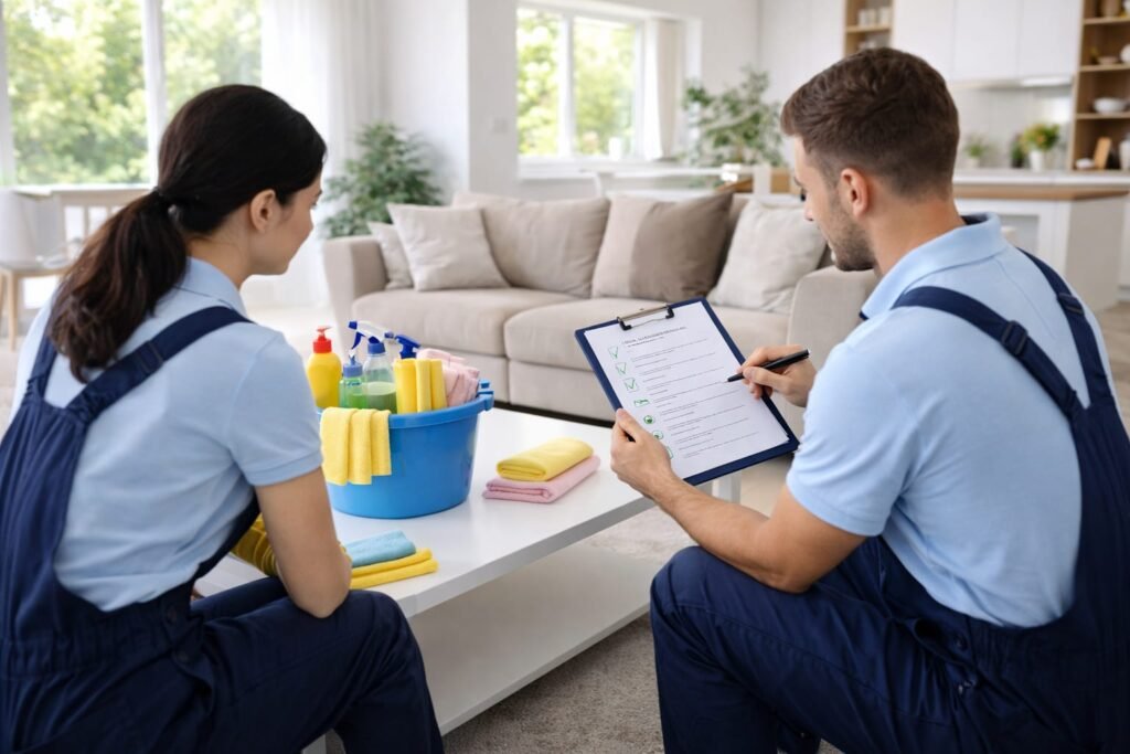 Professional cleaning team inspecting a residential space before starting cleaning service in Koyilandy