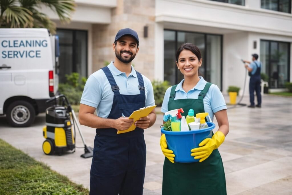 Image showing a professional cleaning team inspecting a residential living space and reviewing a cleaning checklist before starting the service. This represents the organized and professional approach followed by Be Clean Multi Clean Services while providing reliable cleaning services in Koyilandy and nearby areas.
