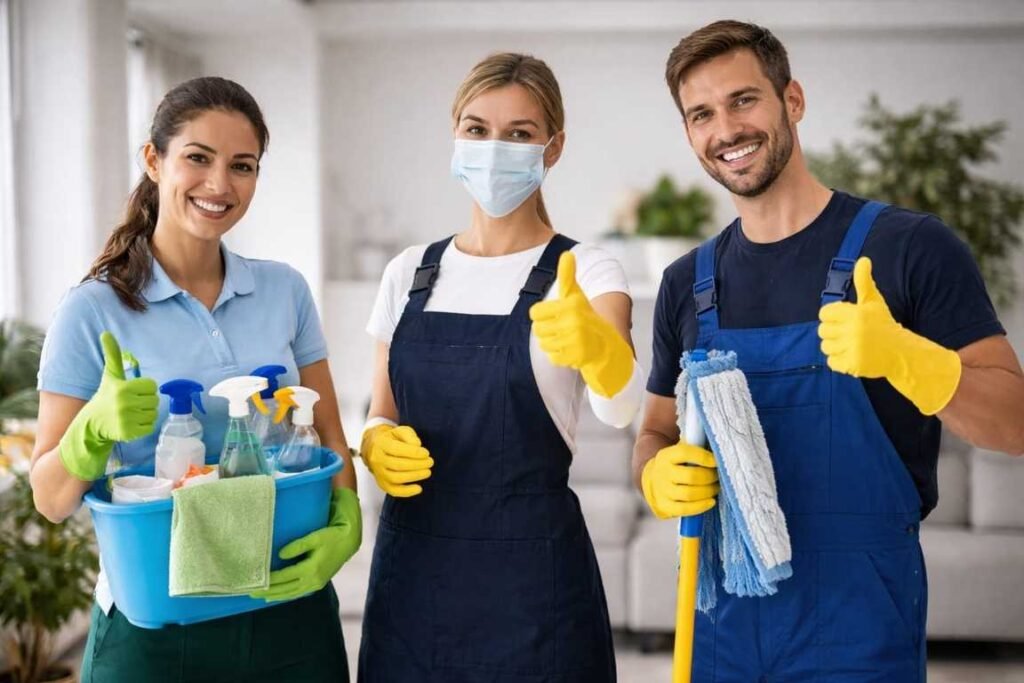 Professional cleaning staff standing with modern cleaning equipment