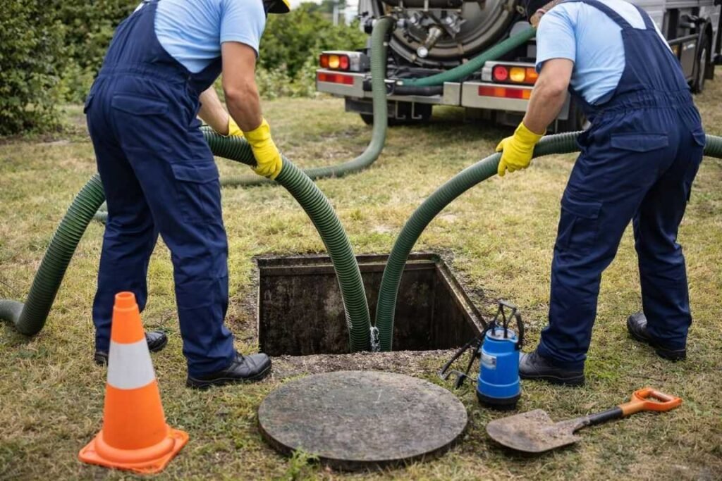 Worker performing septic tank cleaning service in Koyilandy