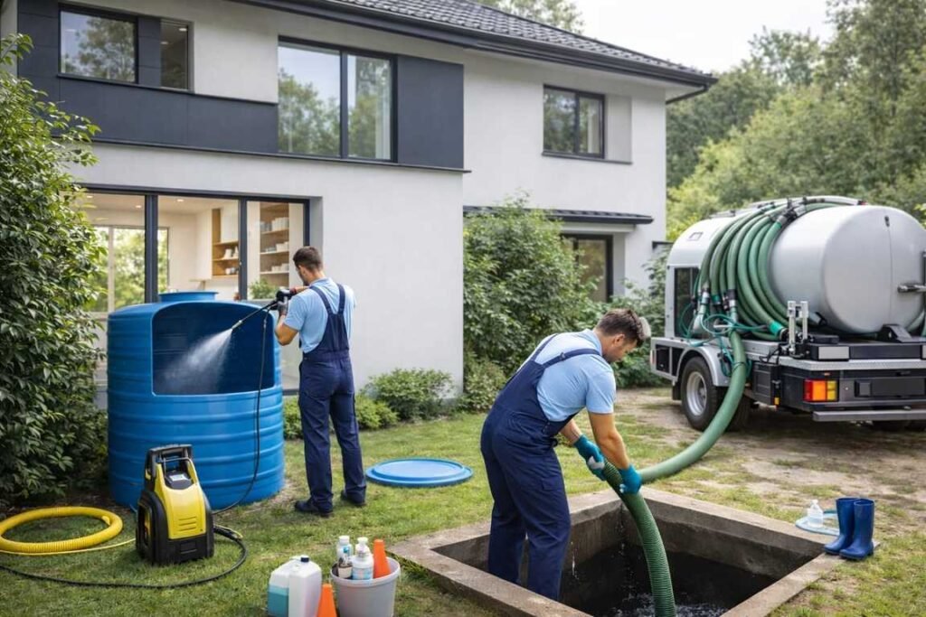 Professional water tank cleaning service team working at a residential property in Koyilandy